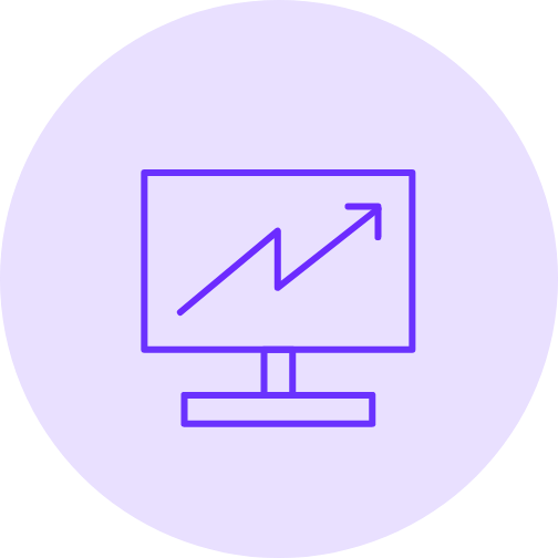 purple illustration of a computer with diagonal upward arrow